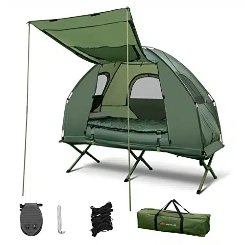 Single Tent Bed, Portable Camping Tent with Air Mattress and Pillow, Folding Camping Cot of Metal Frame, Single Sleep Bag with Polyester Canopy, for Outdoor Family Camping Picnic   Military Green
