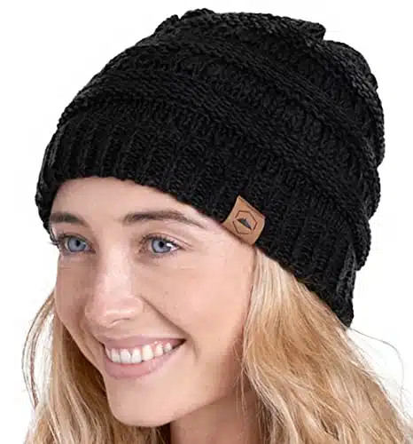 Tough Headwear Womens Beanie Winter Hat   Warm & Chunky Cable Knit Hats   Soft Stretch, Thick & Cute Knitted Stocking Caps for Cold Weather   Stylish & Trendy Snow & Ski Beanies for Ladies Black