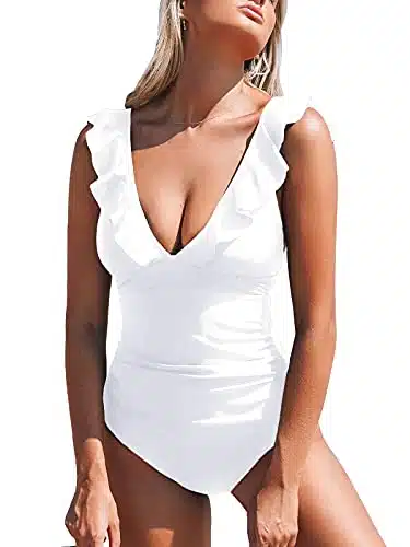 CUPSHE Women's V Neck One Piece Swimsuit Ruffled Lace Up Bathing Suit White, M