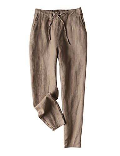 IXIMO Women's Tapered Pants % Linen Drawstring Back Elastic Waist Pants Trousers with Pockets Dark Khaki M