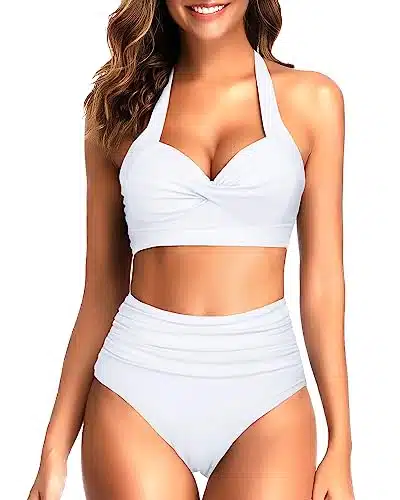 Tempt Me Women's Vintage Swimsuits Pure White Retro Halter Ruched High Waist Bikini with Bottom M
