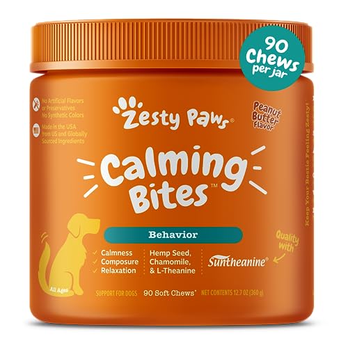 Zesty Paws Calming Chews for Dogs Composure & Relaxation for Everyday Stress & Separation with Ashwagandha, Organic Chamomile, L Theanine & L Tryptophan – Peanut Butter Count