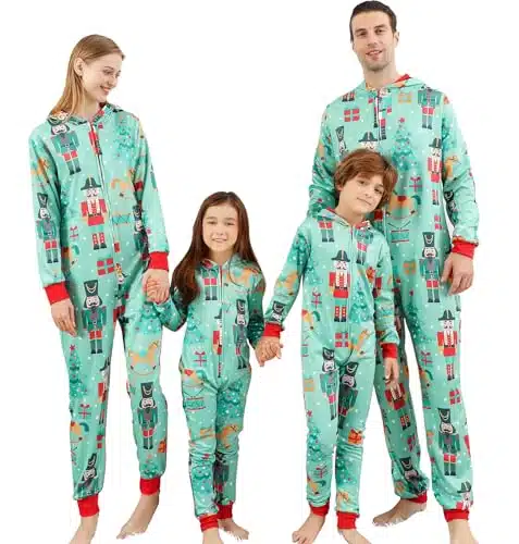 ANGELGGH Matching Christmas Onesie Pajamas for Family, Hooded One Piece Vacation PJs, Cute Printed Holiday Loungewear (Women, M, Blue Green)