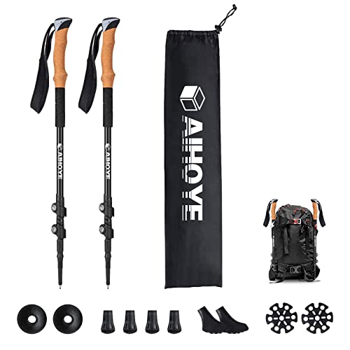 Aihoye Trekking Hiking Poles Pack Adjustable Hiking Walking Sticks Collapsible Lightweight Strong Lightweight Aluminum, Quick Flip Lock Hiking Sticks and Comfortable Cork Grips