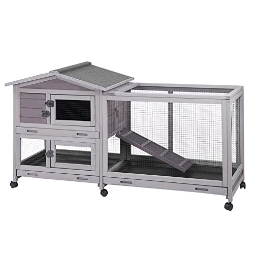 Aivituvin Rabbit Hutch Indoor Cage Outdoor Chicken Coop Guinea Pig Cage on Wheels Bunny Cage with Deep No Leakage Pull Out Tray,Waterproof Roof (Grey)