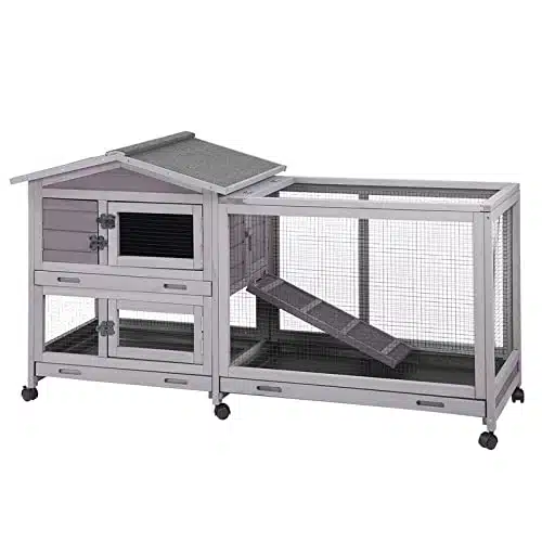 Aivituvin Rabbit Hutch Indoor Cage Outdoor Chicken Coop Guinea Pig Cage on Wheels Bunny Cage with Deep No Leakage Pull Out Tray,Waterproof Roof (Grey)