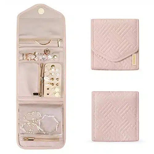 BAGSMART Travel Jewelry Organizer Case Foldable Jewelry Roll for Journey Rings, Necklaces, Earrings, Bracelets,Mini,Soft Pink