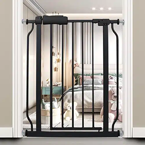 BELABB Narrow Baby Gate Inch Small Tension Indoor Safety Gates Auto Close Walk Through Baby Gate Black Metal Narrow Dog Gate for The House Doorways Stairs (Inch Inchcm cm, Black)
