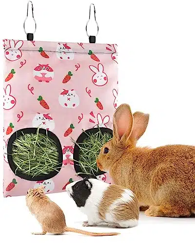 Bissap Rabbit Hay Feeder Bag, Holes Hanging Hay Feeder Guinea Pig Hay Bag for Rabbits Bunny Chinchillas Hamsters Rats and Other Small Pets Small Animal   S (Pink)