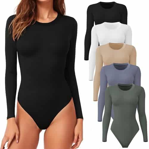 CE' CERDR Women's Pack Round Neck Long Sleeve Bodysuits Basic Stretch Body Suit Top