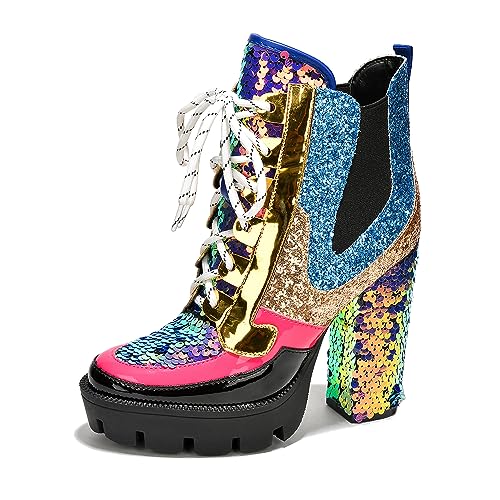 Cape Robbin Nell Gold Glitter Platform Chelsea Ankle Boots with Chunky Block Heels for Women Featuring a Sequined Tongue and Heel Mermaid