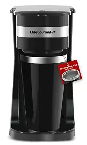 Elite Gourmet EHCPersonal Single Serve Compact Coffee Maker Brewer Includes Oz. Stainless Steel Interior Thermal Travel Mug, Compatible with Coffee Grounds, Reusable Filter, Black