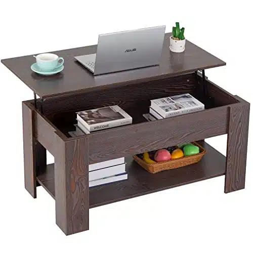 FDW Lift Top Coffee Table with Hidden Compartment and Storage Shelf Wooden Lift Tabletop for Home Living Room Reception Room Office (Espresso)
