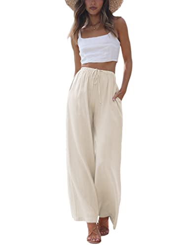 Faleave Women's Cotton Linen Summer Palazzo Pants Flowy Wide Leg Beach Trousers with Pockets(Apricot XS)