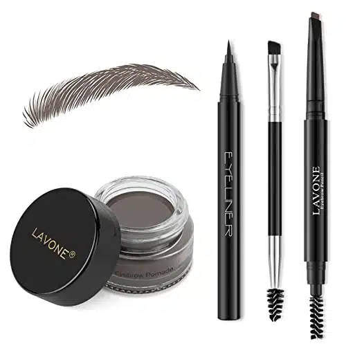 LAVONE Eyebrow Stamp Pencil Kit for Eyebrows, Makeup Brow Stamp Trio Kit with Waterproof Eyebrow Pencil, Eyeliner, Eyebrow Pomade, and Dual ended Eyebrow Brush   Ebony