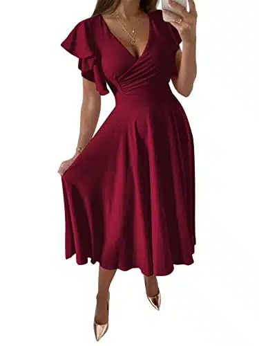 LYANER Women's Wrap V Neck Ruffle Short Sleeve A Line Swing Flared Cocktail Party Midi Dress Wine Red Medium