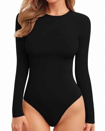 MANGOPOP Womens Bodysuit Long Sleeve Crew Neck Body suit for Women Ribbed Bodysuits Shirts Basic T Shirt
