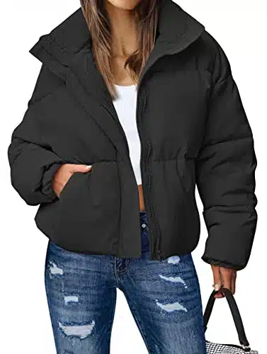MEROKEETY Women's Long Sleeve Thicken Puffer Jacket Oversized Quilted Short Winter Coat with Pockets, Black, M
