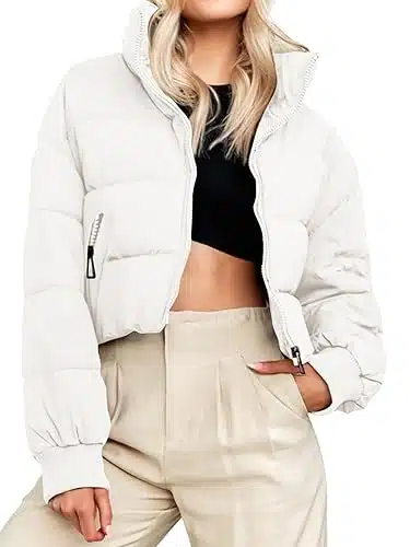 MEROKEETY Women's Winter Cropped Puffer Jacket Long Sleeve Oversized Stand Collar Zip Up Short Down Coat