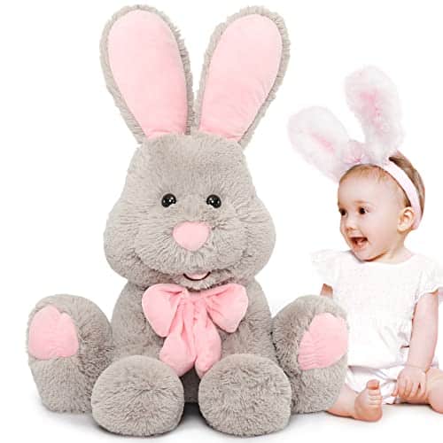 MorisMos Giant Bunny Stuffed Animal Large Stuffed Bunny, Grey Easter Rabbit Stuffed Animal with Pink Ear, Soft Giant Stuffed Bunny Plush Toy Gift for Girl Boy on Easter Halloween Christmas