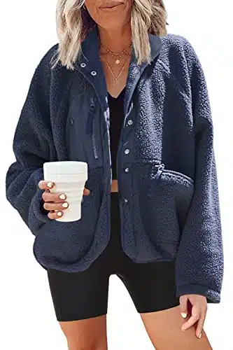Nirovien Womens Fuzzy Fleece Jacket Button Down Shacket Casual Sherpa Coats Warm Outwear With Pockets(Navy,M)