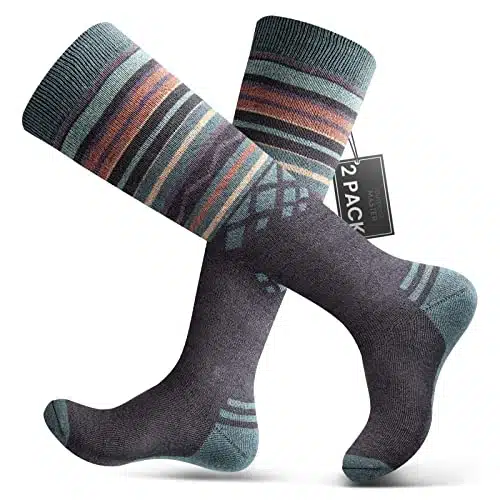 OutdoorMaster Ski Socks Pack Merino Wool, Non Slip Cuff for Men & Women   Gray, ML