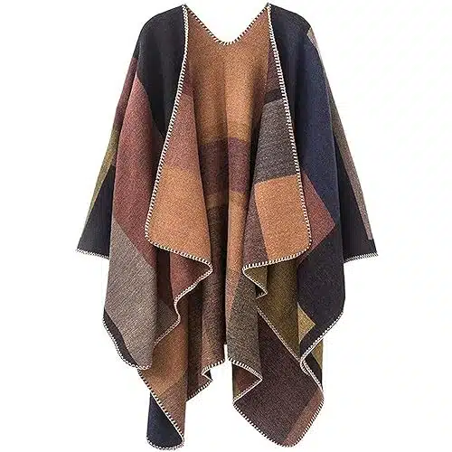 PAMEILA Women's Travel Plaid Shawl Wraps Open Front Poncho Cape Warm Oversized Sweaters Casual Cardigan Shawls for Fall Winter,Series Khaki