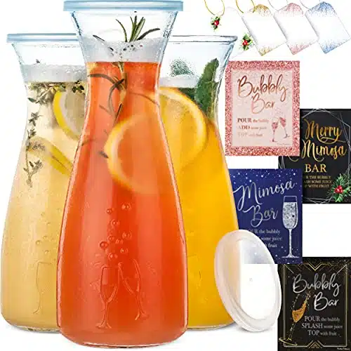 PRESTIGE Mimosa Bar Kit   Glass Carafe with Lids oz & Brunch Decor, Mimosa Pitcher wPlastic Carafe Lid, Bubbly Juice Carafes for Mimosa Bar Supplies, Baby Bridal Shower (Mimosa Set (Carafes))