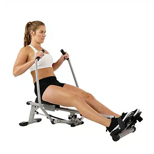 Sunny Health & Fitness SF R Full Motion Rowing Machine Rower w lb Weight Capacity and LCD Monitor, Silver