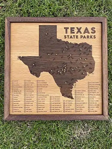 Texas State Parks push pin map   framed wooden travel tracker map of the Texas Parks and Wildlife park system with brass pins