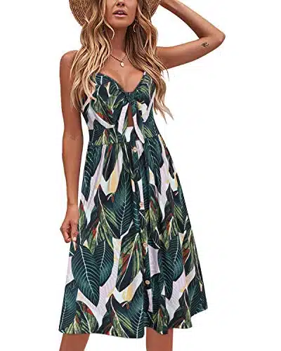 VOTEPRETTY Women's Summer Dress Sundress Hawaiian Floral Outfit Cloth V Spaghetti Strap Palm Leaf Pocket (Floral,S)