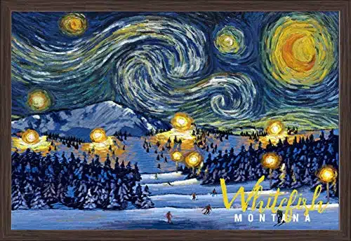 Whitefish, Montana, Ski Resort with Mountain, Starry Night (xGiclee Fine Art Print, Recycled Wood Frame, Espresso Brown)