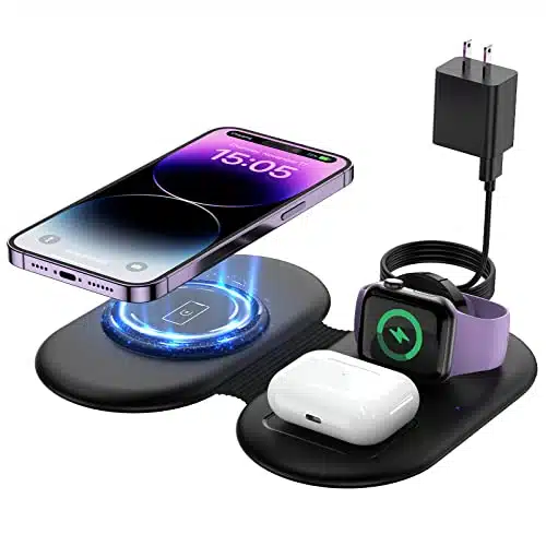 Wireless Charging Station, Folding Magnetic Travel Wireless Charger Pad for Apple, Fast Charging Station for iPhone Pro Max, Compatible with Apple Watch UltraAirPods Pro, Charger Pad
