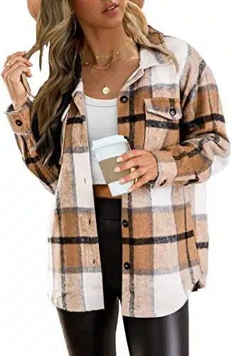 Womens Casual Plaid Shacket Wool Blend Button Down Long Sleeve Shirts Fall Outfit Jacket Shackets Fashion Blouse Apricot
