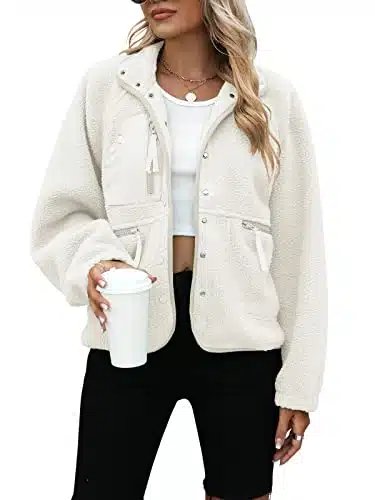 Yanekop Womens Fleece Jacket Fuzzy Long Sleeve Short Coats Button Down Sherpa Outerwear With Pockets(Ivory,L)