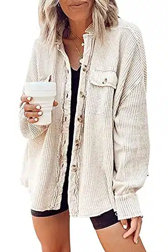 Yanekop Womens Waffle Knit Shacket Boyfriend Shirt Jacket Button Down Blouse Loose Fit Long Sleeve Tops(Beige,XL)