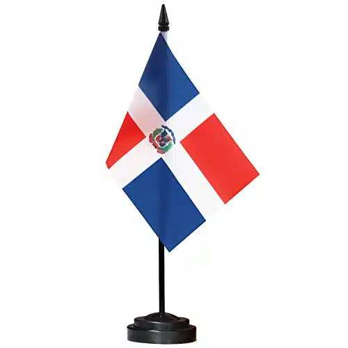 ANLEY Dominican Deluxe Desk Flag Set   x Inch Miniature Dominican Desktop Flag with Solid Pole   Vivid Color and Fade Resistant   Black Base and Spear Top