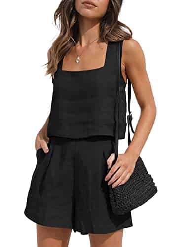 AUTOMET Womens Piece Outfits Lounge Matching Sets Two Piece Linen Shorts Crop Tops Trendy Clothes Summer Vacation Set