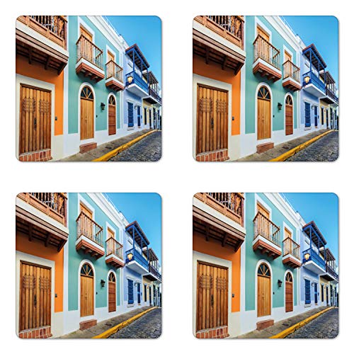 Ambesonne Puerto Rico Coaster Set of , Street in Old San Juan with Colorful Houses by The Sea Caribbean Architecture, Square Hardboard Gloss Coasters, Standard Size, Turquoise Camel