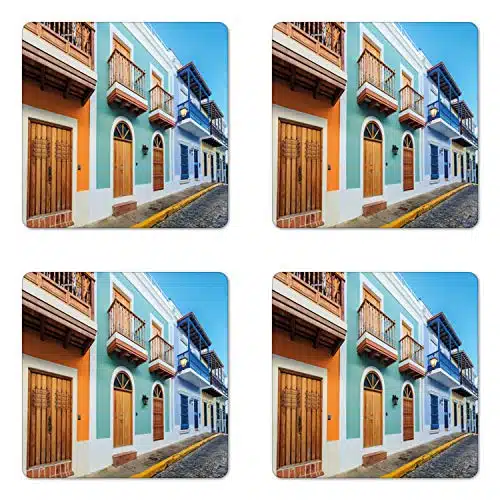 Ambesonne Puerto Rico Coaster Set of , Street in Old San Juan with Colorful Houses by The Sea Caribbean Architecture, Square Hardboard Gloss Coasters, Standard Size, Turquoise Camel