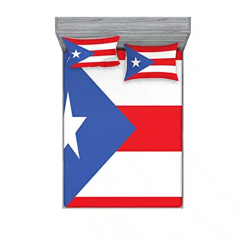 Ambesonne Puerto Rico Fitted Sheet & Pillow Sham Set, Simple Graphic Illustration of Puerto Rico Flag Stripes Star, Decorative Printed Piece Bedding Decor Set, Full, Vermilion Blue