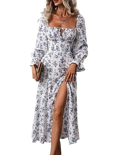 BLENCOT Casual Women's Square Neck Long Sleeve Split Thigh Dress Boho Floral Print A line Tie Front Midi Dresses White S