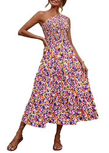 BTFBM Women One Shoulder Sleeveless Casual Summer Dresses Smocked High Waist Floral Flowy Beach Boho Maxi Dress(Floral White Purple, Large)