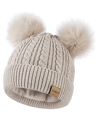 Beanies Women with Double Pom Pom, Winter Hats for Women Cold Weather Warm Cable Knit Fleece Lined, Cute Beanie Cap for Daily Use(Oatmeal)