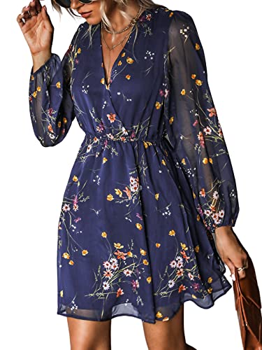 CUPSHE Women's Floral Print Chiffon A Line Mini Dress Long Peasant Sleeves Elastic Autumn Dress,M