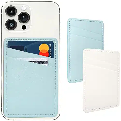 Card Holder for Phone Case, Phone Card Holder Leather, Dual Pocket Phone Wallet Stick On for iPhone, Android Cell Phone   White Blue
