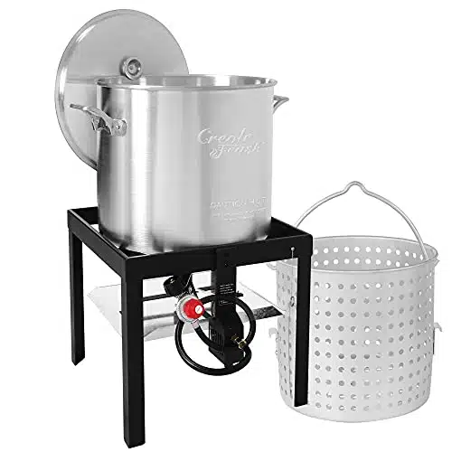 Creole Feast SBKSeafood Boiling Kit with Strainer, Outdoor Aluminum Propane Gas Boiler with PSI Regulator, Silver,Black  Sliver