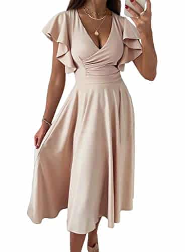 Dokotoo Women's Formal Dresses Midi V Neck Floral Fashion Party Wedding Guest Dress Christmas Dresses for Women Long Apricot L