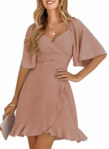Dokotoo Women's Summer Dress Wrap V Neck Short Sleeve Smocked Elastic Waist Tiered Belted Ruffle Hem Mini Dresses Pink M