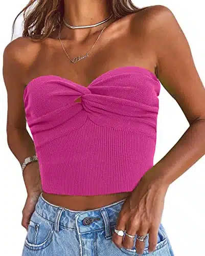 EFAN Womens Corset Tops Cute Crop Tops Tube Preppy Clothes Teen Girls Strapless Sleeveless Knit Going Out Summer Tops Vacation Fashion Bandeau Corset YK Tops Hot Pink